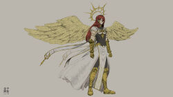  1boy absurdres angel_wings black_bodysuit bodysuit boots closed_mouth commentary_request expressionless gauntlets hair_between_eyes hair_tubes half_updo highres kanekokaihatsu long_hair original red_eyes red_hair shirt sleeveless sleeveless_bodysuit tabard very_long_hair white_tabard wings yellow_boots 