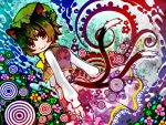  abstract animal_ears bad_id brown_hair cat_ears cat_tail chen earrings hat jewelry moonyan multiple_tails psychedelic red_eyes short_hair solo tail touhou 