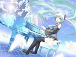  grand_piano green_hair hatsune_miku instrument k2pudding long_hair piano piano_bench reversed sky thigh-highs thighhighs thighs twintails upscaled vocaloid 