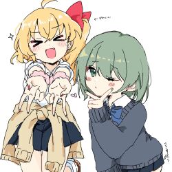  2girls ahoge black_skirt blonde_hair blue_bow blue_bowtie blush_stickers bow bowtie closed_eyes closed_mouth collared_shirt commentary_request contemporary cowboy_shot dot_nose double_v facing_viewer fang flandre_scarlet green_hair green_nails grey_sweater gyaru gyaru_v hair_between_eyes hair_ribbon hands_up highres komeiji_koishi koroyarou long_hair looking_at_viewer miniskirt multiple_girls nail_polish one_eye_closed open_mouth outstretched_arms pink_scrunchie pleated_skirt red_nails red_ribbon ribbon school_uniform scrunchie shirt short_hair short_sleeves side_ponytail simple_background skirt sparkle sweater touhou v white_background white_shirt wrist_scrunchie 