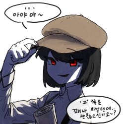  1girl alternate_costume black_hair brown_hat buttons commentary_request hat hat_tip holding holding_newspaper korean_commentary korean_text long_sleeves lovelobten menacing newsboy_cap newspaper red_eyes shaded_face shirt short_hair speech_bubble suspenders touhou translation_request white_background white_shirt 