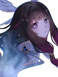  1girl bare_shoulders black_hair closed_mouth columbina_(genshin_impact) commentary dress genshin_impact hair_ornament head_wings highres long_hair multicolored_hair multiple_wings odenonahaode portrait purple_hair purple_streaks ribbon simple_background smile solo streaked_hair two-tone_hair untranslatable_commentary very_long_hair violet_eyes white_background white_dress white_wings wing_hair_ornament wings 