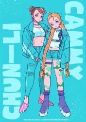  2girls ahoge alternate_costume aqua_background aqua_jacket aqua_pants aqua_shorts aqua_theme artist_name blue_eyes blue_nails blue_theme boots braid brown_eyes brown_hair cammy_white camouflage chain chain_necklace character_name chun-li crop_top cutoffs denim denim_jacket double_bun earrings english_text fashion fingernails flat_chest flats full_body green_nails hair_bun height_difference highres holster hoop_earrings jacket jeans jewelry long_hair long_legs looking_at_viewer midriff motozaki_mio multiple_girls navel necklace open_clothes open_jacket pants pink_shoes purple_boots scar scar_on_cheek scar_on_face shoes short_hair short_shorts shorts shoulder_holster sneakers standing street_fighter streetwear tank_top toned torn_clothes torn_jeans torn_pants twin_braids twitter_username very_long_hair white_tank_top 