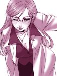  breasts cleavage glasses jewelry labcoat lips lipstick long_hair monochrome necklace ni-na purple wink 