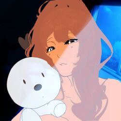  1girl annie_mei bear bed black_eyes brown_hair highres long_hair looking_at_viewer messy_room moon night non-web_source ojostristes original polar_bear solo stuffed_animal stuffed_toy teddy_bear window 