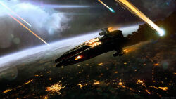  3d angel_cartel_(eve_online) artist_name attack_ship_(eve_online) battle_damage battleship_(eve_online) burning city_lights clouds commentary damaged english_commentary eve_online fire firing flying glowing highres in_orbit machariel_(eve_online) military_vehicle muzzle_flash nidensommer outdoors pirate_faction_(eve_online) planet realistic scenery smoke smoke_trail space spacecraft thrusters vehicle_focus 