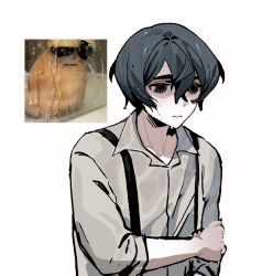  1boy black_eyes black_hair blank_stare character_request collared_shirt crow's_eye_view_(e.g.o) e.g.o_(project_moon) hand_on_own_arm highres limbus_company looking_to_the_side male_focus partially_shaded_face project_moon shirt short_hair solo suspenders waffle_fish wet wet_hair white_shirt yi_sang_(project_moon) 