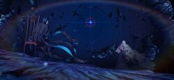  2boys blue_hair chair debris fate/grand_order fate_(series) from_behind game_cg jacket long_hair male_focus multiple_boys official_art on_chair pants robe sherlock_holmes_(fate) short_hair sitting solomon_(fate) spoilers takeuchi_takashi third-party_source white_hair yamanaka_kotetsu 
