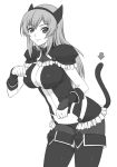  1girl cat_tail druaga_no_tou fatina gothic_lolita lolita_fashion long_hair monochrome pantyhose shichimenchou solo tail 