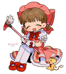  1girl :d ^_^ adachi_tooru bow brown_hair cardcaptor_sakura chinese_commentary closed_eyes commentary_request cosplay doujima_nanako dress full_body fuuin_no_tsue glove_bow gloves hat highres holding holding_wand kero_(cardcaptor_sakura) kero_(cardcaptor_sakura)_(cosplay) kinomoto_sakura kinomoto_sakura_(cosplay) kinomoto_sakura_(magician) knees_up magical_girl open_mouth persona persona_4 pink_dress pink_hat puffy_short_sleeves puffy_sleeves red_bow short_hair short_sleeves short_twintails simple_background sitting smile solo twintails twitter_username ubi_(ruoxier123) wand white_background white_gloves 