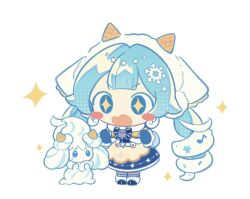  +_+ 1girl alcremie black_bow black_bowtie black_shoes blue_dress blue_eyes blue_gloves blue_hair blunt_bangs blush_stickers bow bowtie chibi chibi_only double-parted_bangs dress full_body gloves hatsune_miku headscarf inomo_(qimoshu) long_hair long_sleeves open_mouth pokemon pokemon_(creature) shoes simple_background socks standing striped_bow striped_bowtie striped_clothes twintails v-shaped_eyebrows very_long_hair vocaloid white_background white_headscarf white_socks yuki_miku 