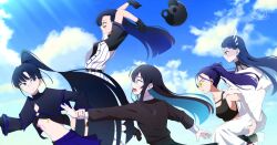  5girls ado_(utaite) ahoge black_gloves black_hair black_shirt black_tank_top blue_eyes blue_hair braid braided_bangs breasts chando_(ado) closed_mouth clouds colored_inner_hair commentary_request gira-gira-chan_(ado) gira_gira gloves helmet highres holding_another's_wrist long_hair medium_breasts merry_(ado) multicolored_hair multiple_girls naima_(ado) navel nori_(norinori_yrl) odo-chan_(ado) odo_(song) ponytail readymade_(ado) shirt small_breasts stomach tank_top twintails under_boob unworn_headwear unworn_helmet usseewa utaite white_background 