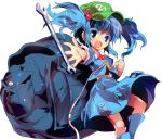  1girl alphes backpack bag blue_eyes blue_hair boots hair_bobbles hair_ornament hat hopeless_masquerade kawashiro_nitori key official_art open_mouth reaching smile touhou transparent_background twintails wrench 