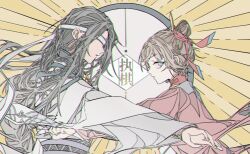  1boy 1girl black_hair black_sash black_shirt blindfold blue_eyes blunt_bangs braid brown_hair chinese_clothes chinese_commentary chromatic_aberration chuyi_flower_cake_(the_tale_of_food) clenched_hand commentary_request covered_eyes curtained_hair facial_mark facing_another female_master_(the_tale_of_food) forehead_mark from_side hair_bun hair_ribbon hanfu long_hair long_sleeves looking_at_viewer low-braided_long_hair low-tied_long_hair outstretched_arm parted_bangs parted_lips profile red_hanfu red_ribbon ribbon robe sash shirt side_braids sidelocks sideways_glance single_hair_bun sunburst sunburst_background symmetrical_pose the_tale_of_food waist_sash white_hanfu white_robe wide_sleeves yellow_background zhuxingz 
