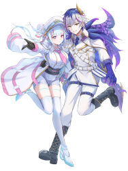  1boy 1girl absurdres black_boots black_gloves blue_hair boots breasts brown_eyes character_request colored_extremities commentary_request copyright_request full_body gloves grey_hair hand_up hat highres horns jacket kama_boko17 large_breasts long_hair looking_at_viewer mismatched_pupils multicolored_hair necktie open_clothes open_jacket pants peaked_cap pink_eyes pink_necktie pink_streaks purple_hands purple_streaks shoes short_hair shorts simple_background single_horn smile streaked_hair tentacle_boy tentacles thigh-highs white_background white_hat white_jacket white_pants white_shoes white_shorts white_thighhighs 