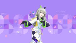  1girl :d ;d black_gloves blob bow colorful_palette creature creature_on_shoulder dress earrings game_cg gloves green_hair highres jewelry kusanagi_nene official_art on_shoulder one_eye_closed perspective_for_smile_(project_sekai) project_sekai purple_background smile solo third-party_source tongue triangle violet_eyes white_bow white_dress 