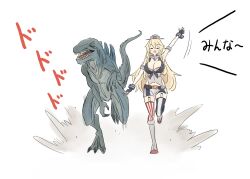 1girl american_flag american_flag_legwear american_flag_print asymmetrical_legwear blonde_hair closed_eyes commentary_request crossover elbow_gloves flag_print front-tie_top gloves godzilla_(1998) godzilla_(series) hair_between_eyes headgear iowa_(kancolle) kaiju kakincho kantai_collection long_hair mismatched_legwear open_mouth running skirt spines striped_clothes striped_skirt striped_thighhighs thigh-highs translation_request vertical-striped_clothes vertical-striped_skirt vertical-striped_thighhighs very_long_hair zilla 