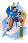  bun_cover capcom china_dress chinese_clothes chun-li double_bun highres jewelry pantyhose spiked_bracelet spikes street_fighter 