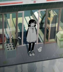  1girl 7-eleven animal automatic_door basket black_hair black_thighhighs blunt_bangs character_request english_commentary highres hood hood_down hoodie inabakumori long_hair long_sleeves machuuu68 outline rain shelf thigh-highs trash_can welcome_mat white_hoodie 