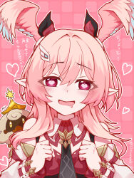  1girl aomurasaki_r black_necktie blush commentary_request crossed_bangs detached_collar detached_sleeves dress genshin_impact hair_between_eyes hair_intakes hair_ornament hands_up head_wings heart heart-shaped_pupils highres linnea_(genshin_impact) long_hair long_sleeves looking_at_viewer lumi_(genshin_impact) necktie open_mouth pink_eyes pink_hair pointy_ears red_dress smile symbol-shaped_pupils upper_body wings 