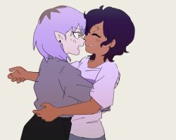  2girls amity_blight blush brown_hair closed_eyes commentary_request dark-skinned_female dark_skin face-to-face facing_another from_side grin hug ini_yoy looking_at_another luz_noceda medium_hair multiple_girls open_mouth pink_shirt pointy_ears profile purple_hair shirt short_sleeves sketch smile the_owl_house upper_body wavy_hair yellow_background yellow_eyes yuri 