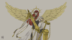  1boy absurdres angel_wings black_bodysuit bodysuit boots bow chain expressionless gauntlets hair_between_eyes hair_bow highres holding holding_chain holding_sword holding_weapon kanekokaihatsu long_hair looking_at_viewer original parted_lips red_eyes red_hair sleeveless sleeveless_bodysuit sword tabard weapon white_tabard wings yellow_boots 