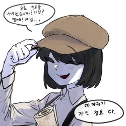  1girl alternate_costume black_hair brown_hat buttons commentary_request hat hat_tip holding holding_newspaper korean_commentary korean_text light_blush long_sleeves lovelobten newsboy_cap newspaper shameimaru_aya shirt short_hair smile speech_bubble suspenders touhou translation_request white_background 