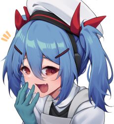  1girl adachi_t_(xadachit) beret blue_hair blush brown_eyes colphne_(girls'_frontline_2) fang girls'_frontline_2:_exilium girls_frontline gloves hair_between_eyes hair_ornament hairclip hat headset laughing looking_at_viewer medium_hair open_mouth portrait skin_fang smile solo twintails 