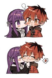  1boy 1girl blunt_bangs blush closed_eyes closed_mouth coat dress fern_(sousou_no_frieren) hair_behind_ear hand_on_another's_face hetero highres kiss kissing_cheek long_hair long_sleeves multicolored_hair one_eye_closed purple_hair red_hair sidelocks silverbobcut simple_background sousou_no_frieren stark_(sousou_no_frieren) twintails violet_eyes white_background white_dress 
