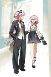  2girls :d bag botassium buttons commentary earrings english_commentary evernight_(honkai:_star_rail) flower frills full_body gloves hair_between_eyes hair_ornament hand_in_pocket happy highres holding_hands honkai:_star_rail honkai_(series) jacket jewelry long_hair looking_at_another march_7th_(honkai:_star_rail) medium_hair multiple_girls necktie official_alternate_costume open_clothes open_jacket outdoors pants pink_hair shirt shoes simple_background single_earring skirt smile socks very_long_hair 