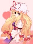  blush bow hair_bow hat heart long_hair pilky ribbon smile touhou yakumo_yukari 