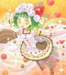  &lt;3 cake cake_dress chocolate food food_as_clothes food_themed_clothes fruit green_hair happy heart inase orange_eyes pantyhose pastry short_hair strawberries strawberry striped striped_legwear striped_thighhighs sweets thigh-highs 