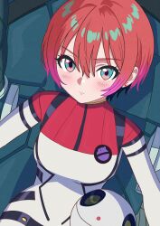  1girl absurdres amate_yuzuriha blue_eyes cockpit commentary_request earrings gquuuuuux gundam gundam_gquuuuuux haro highres jewelry looking_at_viewer mecha mecha_pilot_suit mobile_suit non-humanoid_robot normal_suit_(gundam) pet pilot pilot_chair red_hair robot scene_reference science_fiction sitting user_kpft2825 