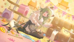  1girl animal_ear_headwear banner beret black_pantyhose black_shoes cat colorful_palette couch cup full_body game_cg green_hair green_socks grey_skirt grey_socks hat highres kusanagi_nene low-tied_sidelocks official_alternate_costume official_art pantyhose paw_print project_sekai shoes sidelocks skirt sleeves_past_wrists socks solo sweatdrop sweater third-party_source white_hat white_sweater you_are_my_hero!!_(project_sekai) 