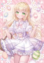  1girl apron basket blonde_hair blurry blurry_foreground blush bow breasts brown_background closed_mouth collared_shirt commentary_request commission depth_of_field diagonal-striped_border dress_shirt easter easter_egg egg frilled_skirt frills green_eyes grid_background hair_bow hands_up high-waist_skirt highres kohinata_hoshimi long_hair original pink_bow puffy_short_sleeves puffy_sleeves purple_bow purple_skirt shirt short_sleeves skeb_commission skirt small_breasts smile solo very_long_hair white_apron white_shirt wrist_cuffs 