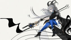  absurdres akkord_(arknights) animal_ears ankle_boots arknights black_boots black_gloves black_jacket blue_eyes blue_hair blue_nails blue_pantyhose boots drawing_(action) dress drop_shadow fingerless_gloves gloves grey_hair hand_in_own_hair high_collar high_heel_boots high_heels highres horns infection_monitor_(arknights) jacket long_hair multicolored_hair musical_note musical_staff o-ring o-ring_thigh_strap open_clothes open_jacket pantyhose parted_lips piano_keys pleated_dress qlee_(xxvp2877) quarter_rest simple_background single_sleeve sitting solo staff streaked_hair thigh_strap treble_clef white_dress 