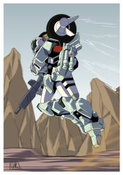  1980s_(style) 1boy armor commentary_request desert dust_cloud energy_gun exoskeleton faux_traditional_media highres holding holding_energy_gun holding_weapon jetpack kikou_souseiki_mospeada mecha military_rank_insignia missile missile_pod mospead mospeada_(mecha) motion_blur motion_lines mountainous_horizon ootsuka_ken power_armor retro_artstyle ride_armor robot robotech signature stick_bernard weapon 
