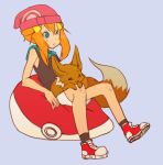  animal artist_request beanbag blue_eyes dismay fusion haruka_(pokemon) hat hikari_(pokemon) kasumi_(pokemon) orange_hair pokemon pokemon_(creature) purple_background shoes simple_background sitting socks 