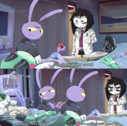  1boy 2girls alternate_costume animal_ears bed belt black_eyes black_eyeshadow black_hair black_jacket black_pants blue_eyes blush bob_cut closed_eyes closed_mouth colored_sclera colored_skin colored_teeth doctor door eyeshadow frog_girl frown furry furry_female furry_male green_skin highres hospital hospital_bed house_m.d. indoors jacket jax_(the_amazing_digital_circus) looking_at_another makeup missing_headwear multicolored_eyes multiple_girls multiple_views necktie no_gloves pants pomni_(the_amazing_digital_circus) purple_necktie purple_skin rabbit_boy rabbit_ears red_eyes ribbit_(the_amazing_digital_circus) rimrinkarizu screenshot_background shirt short_hair sweat the_amazing_digital_circus two-tone_eyes white_jacket white_skin yellow_sclera yellow_teeth 