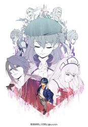  4boys 4girls aaron_wei agnes_claudel armin_van_buuren beard beret bergard_zeman blue_eyes blue_hair blue_jacket bob_cut braid bun_with_braided_base closed_mouth commentary double-parted_bangs eiyuu_densetsu english_commentary eyepatch facial_hair feri_al-fayed floating_hair floating_neckwear full_beard full_body hair_between_eyes hair_bun hair_slicked_back hand_in_pocket hat headband headdress highres holding holding_weapon holding_whip jacket jewelry judith_lanster kai_no_kiseki kuro_no_kiseki_(series) light_smile long_hair long_sleeves looking_up maid_headdress multicolored_hair multiple_boys multiple_girls necklace open_mouth oxfords parted_bangs pendant ponytail quatre_salision risette_twinings scarf short_hair single_side_bun sleeveless smile streaked_hair twitter_username two-tone_hair upper_body van_arkride weapon whip zuru1chi 