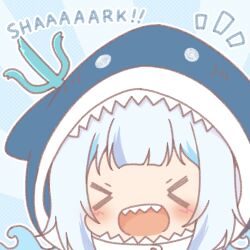  >_< 1girl :d animal_hood blue_hair blush commentary_request english_text gawr_gura gawr_gura_(1st_costume) grey_hair highres hololive hololive_english hood hood_up mitarashi_neko multicolored_hair notice_lines polearm polka_dot polka_dot_background shark_hood sharp_teeth smile solo streaked_hair sunburst sunburst_background teeth trident virtual_youtuber weapon xd 