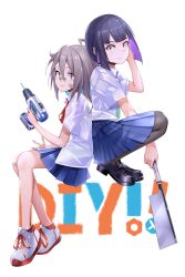  2girls ahoge back-to-back bandaid bandaid_on_cheek bandaid_on_face bandaid_on_nose black_hair black_pantyhose black_shoes blue_hair blue_skirt bob_cut colored_inner_hair commentary copyright_name do_it_yourself!! dress_shirt grey_hair hand_in_own_hair hand_saw highres holding_power_drill holding_saw kenko_(a143016) loafers looking_at_viewer miniskirt multicolored_hair multiple_girls neck_ribbon pantyhose pleated_skirt purple_hair red_eyes red_ribbon ribbon saw school_uniform shirt shoes short_hair short_sleeves sitting skirt smile sneakers squatting suride_miku untucked_shirt white_shirt wing_collar yua_serufu 