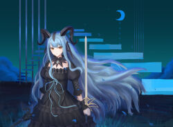  1girl a_jie absurdres arknights bang_dream! bang_dream!_it's_mygo!!!!! black_dress black_gloves black_ribbon black_wrist_cuffs chinese_commentary closed_mouth commentary_request crescent_moon dress dual_wielding floating_hair gloves hair_ribbon highres holding holding_sword holding_weapon horns long_hair moon ribbon sidelocks single_glove solo sword togawa_sakiko togawa_sakiko_(master_of_melodia) two_side_up very_long_hair weapon white_hair wrist_cuffs yellow_eyes 