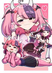  1girl absurdres blush choker closed_mouth demon_girl demon_horns dress heart heterochromia highres horns indie_virtual_youtuber ironmouse ironmouse_(15th_costume) ironmouse_(1st_costume) ironmouse_(anniversary_idol) jacket looking_at_viewer multicolored_hair multiple_views o-ring o-ring_choker pink_choker pink_dress pink_hair pink_jacket pink_shirt pointy_ears purple_streaks red_eyes senkadraws shirt smile solo streaked_hair virtual_youtuber yellow_eyes 