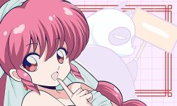  1girl :d bare_shoulders collarbone commentary_request earrings eyeshadow grid_background highres holding holding_sign jewelry kiririn_(pixiv_31446855) makeup open_mouth panda pink_eyeshadow pink_hair ponytail ranma-chan ranma_1/2 ranma_1/2_kessen_tougenkyou!_hanayome_wo_torimodose! red_eyes saotome_genma_(panda) sign smile teardrop_earrings 