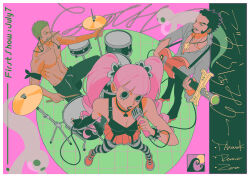  1girl 2boys bandana_around_arm black_eyes black_hair blunt_bangs bracelet commentary dracule_mihawk drum drum_set fingerless_gloves from_above full_body gloves green_hair guitar highres holding holding_guitar holding_instrument holding_microphone instrument jewelry looking_at_viewer microphone multiple_boys music necklace nyan_2020 one_piece perona pink_hair playing_instrument roronoa_zoro short_hair sideburns skirt spiked_bracelet spikes twintails untranslatable_commentary yellow_eyes 
