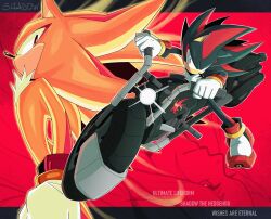  1girl 2boys absurdres black_border black_fur border dual_persona english_text full_body furry furry_male gloves hedgehog_boy highres light_smile male_focus maria_robotnik motor_vehicle motorcycle multiple_boys on_motorcycle parted_bangs red_background red_eyes shadow_the_hedgehog sonic_(series) super_shadow trizziefrizzie upper_body white_gloves yellow_fur 