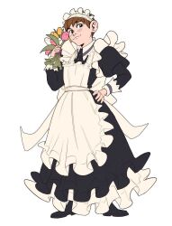  1boy apron black_dress black_shoes blush bouquet brown_eyes brown_hair chilchuck_tims closed_mouth collared_dress commentary crossdressing crossdressing_(mtf) dress dungeon_meshi english_commentary flower full_body hand_on_own_hip holding holding_bouquet juliet_sleeves large_ears lindriart long_sleeves looking_at_viewer maid maid_apron maid_headdress male_focus pink_flower pink_tulip puffy_sleeves shoes short_hair smile solo standing tulip white_apron white_background white_flower white_tulip white_wrist_cuffs wrist_cuffs yellow_flower yellow_tulip 