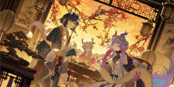  3girls absurdres architecture arknights bare_shoulders black_coat black_hair blonde_hair blue_eyes book bracelet braid breasts chinese_clothes chinese_commentary chinese_hairpin closed_mouth coat coat_on_shoulders colored_extremities commentary_request cup dragon dragon_girl dragon_horns dragon_tail earrings east_asian_architecture eastern_dragon eastern_dragon_horns expressionless flat_chest flower hair_ornament hair_over_shoulder high_collar highres holding holding_book holding_scroll horns jewelry jie_(arknights) jun_(arknights) lantern long_hair looking_at_viewer multicolored_hair multiple_girls open_clothes open_coat plant plum_blossoms pointy_ears potted_plant purple_hair scroll shawl short_hair shu_(arknights) shu_(spring_feast)_(arknights) side_braid single_sleeve_past_fingers sitting sleeves_past_wrists small_breasts smile standing table tail tassel tassel_earrings teacup teapot white_hair yang_lizi yellow_eyes 