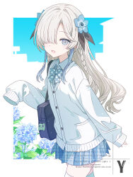  1girl alternate_costume anemone_(flower) bag blue_eyes blue_flower blue_hair blue_skirt blunt_bangs bow braid commentary fang flower gomidasu_(kamitsubaki_studio) grey_hair hair_over_one_eye hydrangea isekaijoucho joshi_kousei kamitsubaki_studio light_blush long_hair long_sleeves looking_at_viewer multicolored_hair multiple_girls pleated_skirt polka_dot polka_dot_bow ribbon school_bag school_uniform shirt sidelocks single_braid skin_fang skirt sleeves_past_wrists takasaka_light untranslatable_commentary white_shirt 